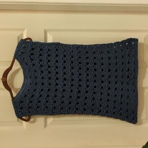 Handmade Open Crochet Stitch Sleeveless Top Size Medium Silk Blend Metallic Blue